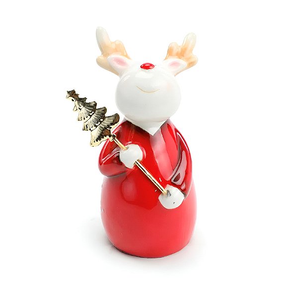 Rena Decorativa Com Pinheiro - Vermelho/Branco/Ouro - 14cm  - 1 unidade - Cromus - Rizzo