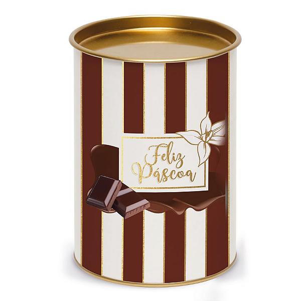 Lata para Ovo 350g Listras Marrom e Dourado - 13x13x18cm - 01 unidade - Cromus Páscoa - Rizzo Embalagens