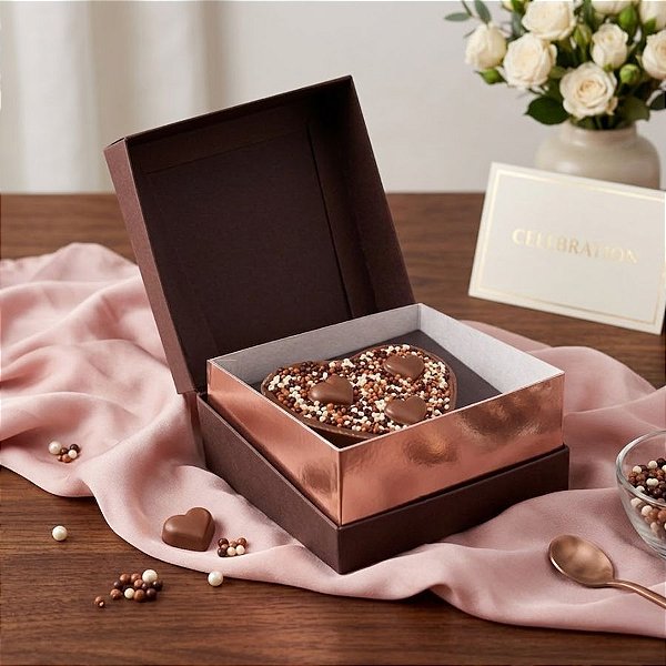 Caixa Specialla para Meio Ovo Coração 200g 13x13x6,5cm Rosê Gold e Marrom - 06 unidades - Cromus Páscoa