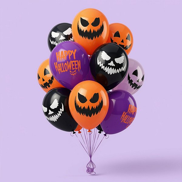 Balão de Festa Látex 8" 20cm Halloween - Sorrisos Mal - Laranja,Roxo e Preto - 20 unidades - Piffer - Rizzo