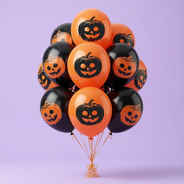 Balão de Festa Látex 8" 20cm Halloween - Abóboras - Preto e Laranja - 20 unidades - Piffer - Rizzo