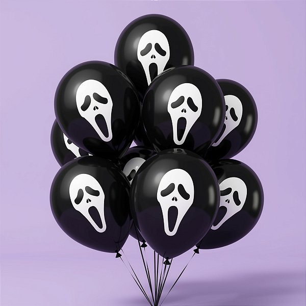 Balão de Festa Látex 8" 20cm Halloween - Pânico - Preto e Branco - 20 unidades - Piffer - Rizzo