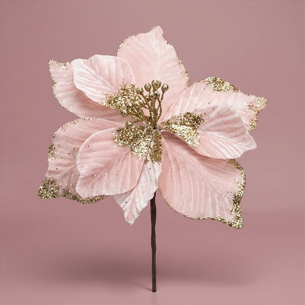Poinsétia Decorativa - Veludo Rosa e Glitter Dourado - 24cm - 1 unidade - Rizzo