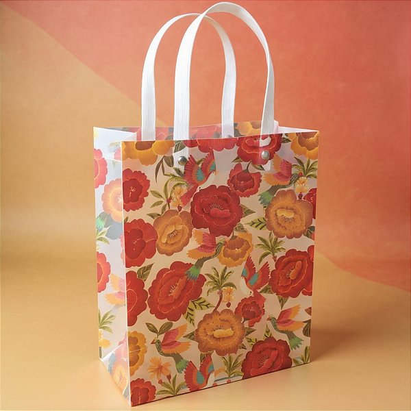 Sacola de Plástico Transparente Fosca - Vermelho Floral - 23x30x12cm - 1 unidade - Rizzo