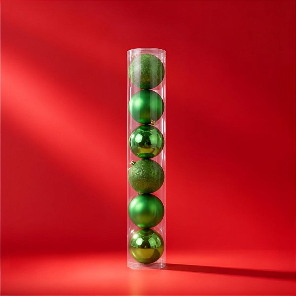 Bola de Natal em Tubo - Verde - Brilho, Fosco e Glitter - 7cm - 6 unidades - Cromus - Rizzo