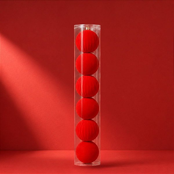 Bolas de Natal em Tubo - Vermelho - Veludo, Lisa e Gomo - 10cm - 6 unidades - Cromus - Rizzo