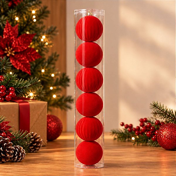 Bolas de Natal em Tubo - Vermelho - Veludo, Lisa e Gomo - 8cm - 6 unidades - Cromus - Rizzo