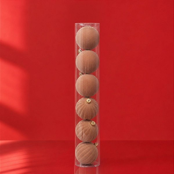 Bolas de Natal em Tubo - Marrom - Veludo, Lisa e Gomo - 8cm - 6 unidades - Cromus - Rizzo