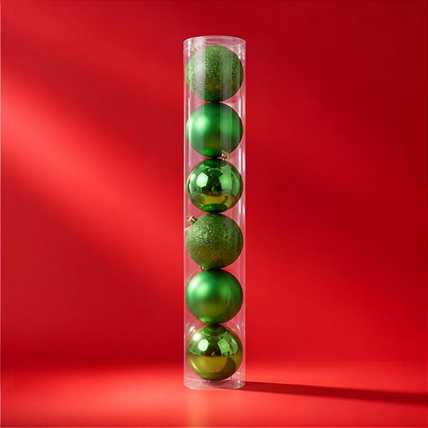 Bolas de Natal em Tubo - Verde - Brilho, Fosco e Glitter - 8cm - 6 unidades - Cromus - Rizzo
