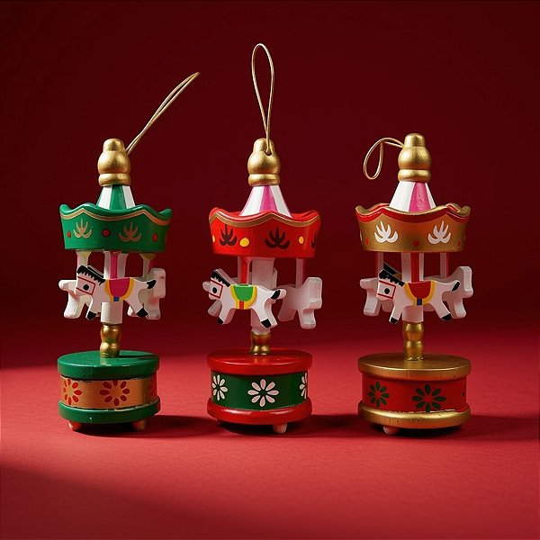Enfeite de Natal para Pendurar - Mini Carrossel de Madeira - 7,5cm - 6 unidades - Rizzo