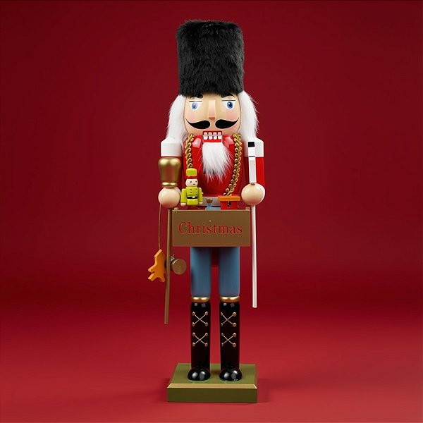 Boneco Soldado Quebra Nozes de Madeira - Placa "Christmas" - Vermelho e Azul - 38cm - 1 unidade - Rizzo