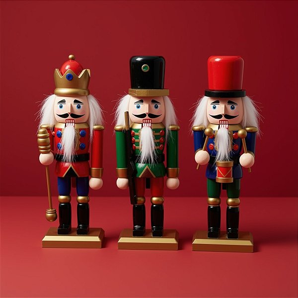 Kit Boneco Soldado Quebra Nozes de Madeira - Vermelho,Azul e Verde - 15cm - 3 unidades - Rizzo