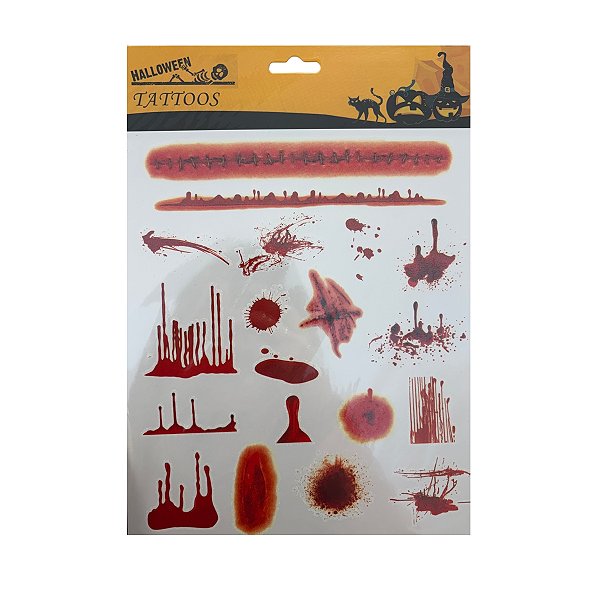 Kit Adesivo -Tatuagem para Pele - Halloween - Cortes e Sangue - 1 unidade - Rizzo