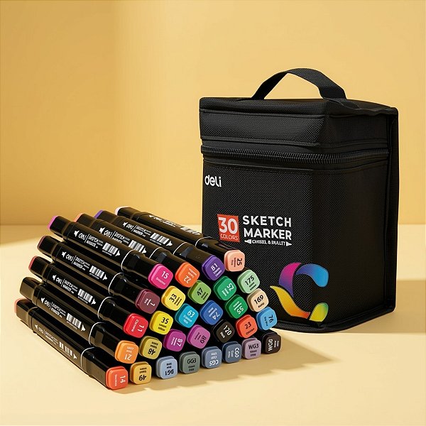 Kit Canetinhas Marcador para Colorir com Estojo - 30 Cores - Ponta Bullet 1mm e Chanfrada 6mm - 1 unidade - Deli - Rizzo