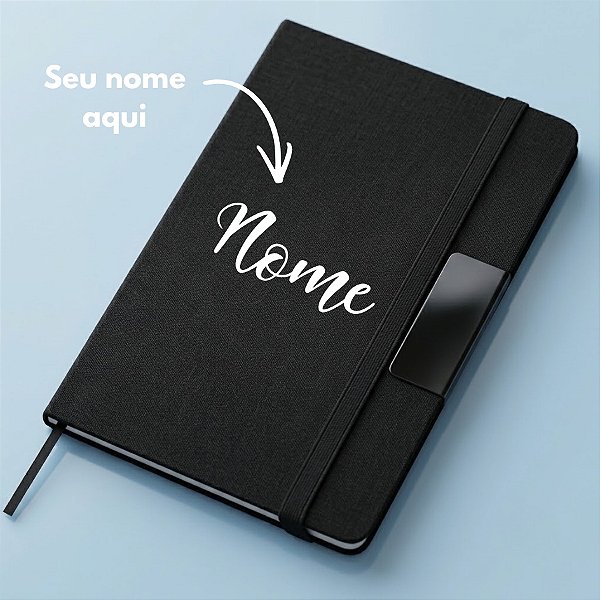 Caderno de Anotações em Tecido e Metal Personalizado com Nome - Preto - 21,5x14,5cm - 1 unidade - Rizzo