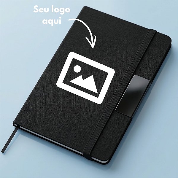 Caderno de Anotações em Tecido e Metal Personalize com Logo - Preto - 21,5x14,5cm - 1 unidade - Rizzo