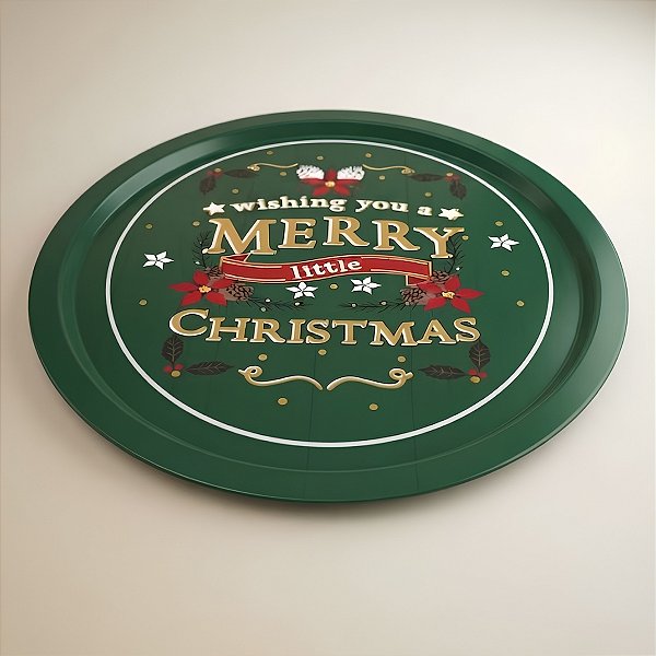 Bandeja de Metal Decorativa de Natal Redonda - Wishing You a Merry Little Christmas - 32x32x1,5cm - 1 unidade - Rizzo