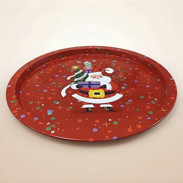 Bandeja de Metal Decorativa de Natal Redonda - Noel com Presentes - 32x32x1,5cm - 1 unidade - Rizzo
