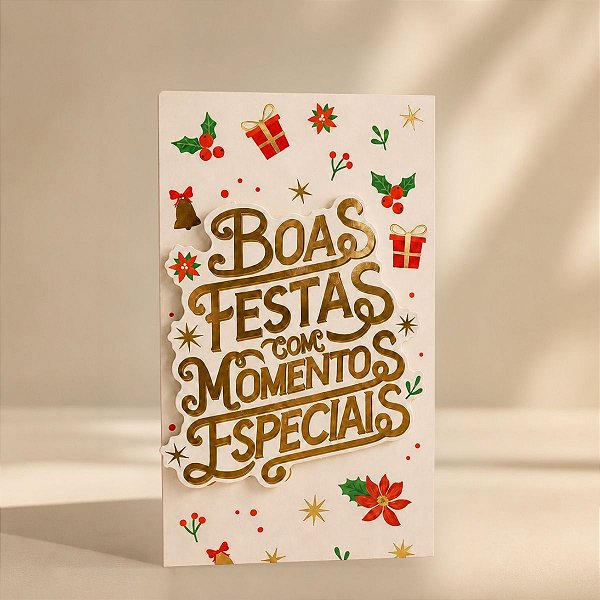 Cartão de Natal 3D - Momentos Especiais - Bege e Dourado - 21,5cm - 1 unidade - Rizzo