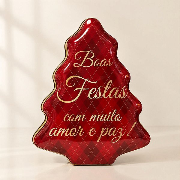 Lata de Natal de Metal - Boas Festas com Muito Amor e Paz  - Vermelho - 18,4x15,2x6,5 cm - 1 unidade - Rizzo