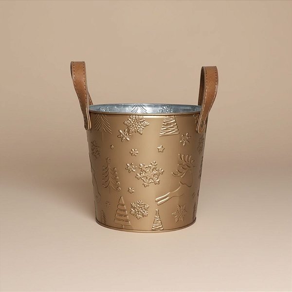 Cachepot de Metal com Alça - Neve, Árvore e Rena - Dourado - 22x19cm - 1 unidade - Cromus - Rizzo