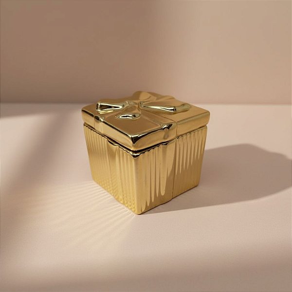 Pote Decorativo Quadrado em Cerâmica - Caixa de Presente - Ouro - 6,5x6cm - 1 unidade - Cromus - Rizzo