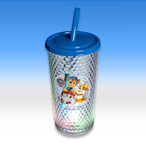 Copo de Plástico com Tampa, Canudo e LED - Patrulha Canina Meninos - Azul Escuro - 490ml - 1 unidade - Plasútil - Rizzo
