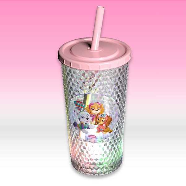 Copo de Plástico com Tampa, Canudo e LED - Patrulha Canina Meninas - Rosa - 490ml - 1 unidade - Plasútil - Rizzo
