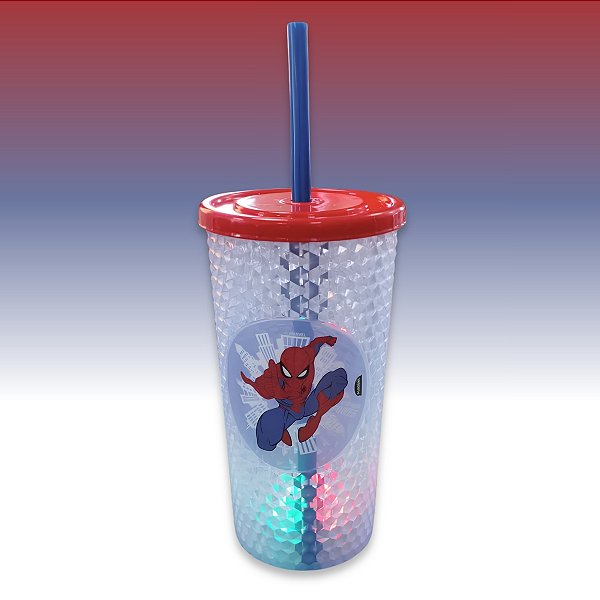 Copo de Plástico com Tampa, Canudo e LED - Homem Aranha - Vermelho - 490ml - 1 unidade - Disney Original - Rizzo