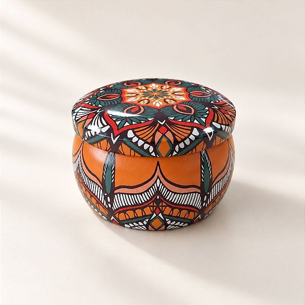 Lata De Metal Estampa De Mandala - Verde e Laranja - 7x4,5cm - 130ml  - 1 unidade - Rizzo