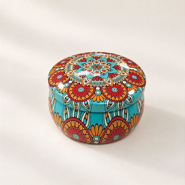 Lata De Metal Estampa De Mandala - Vermelho, Laranja e Verde - 7x4,5cm - 130ml  - 1 unidade - Rizzo