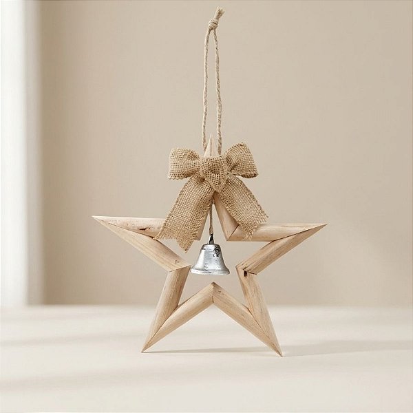 Enfeite de Pendurar de Natal - Estrela de Madeira com Laço e Sino - 29cm - 1 unidade - Cromus - Rizzo