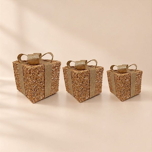 Caixa de Presente Decorativa com Laço - Ouro - 3 unidades - Cromus - Rizzo