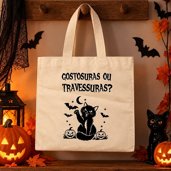 Sacola de Algodão Gostosuras ou Travessuras - Gatinho - Halloween - 22x20
 - 1 unidade - Rizzo