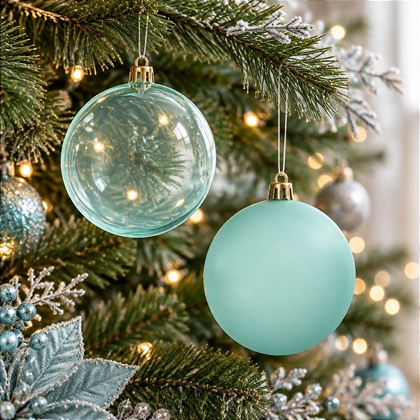 Bolas de Natal em Tubo - Azul Água Marinha - Transparente e Fosco - 10cm - 6 unidades - Cromus - Rizzo