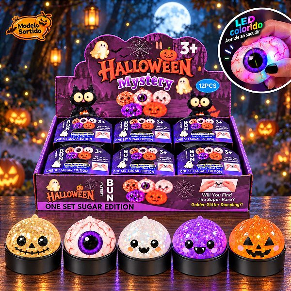 Squishy Halloween Mystery Dumpling com Led e Glitter - Antiestresse - Surpresa - 1 unidade - Rizzo