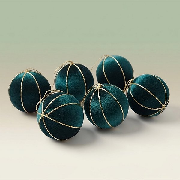 Bola de Natal - Veludo Verde e Laço Ouro - 8x8x8cm - 6 unidades - Cromus - Rizzo