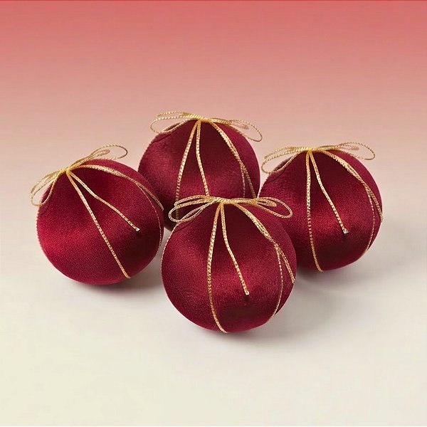 Bola de Natal - Veludo Vinho e Laço Ouro - 10x10x10cm - 4 unidades - Cromus - Rizzo