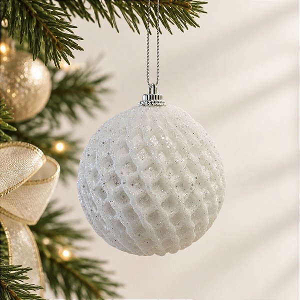 Bola de Natal - Branco com Glitter Losango  - 8cm - 6 unidades - Cromus - Rizzo