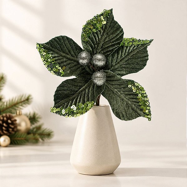 Poinsétia Decorativa - Verde com Glitter - 19cm - 1 unidade - Cromus - Rizzo