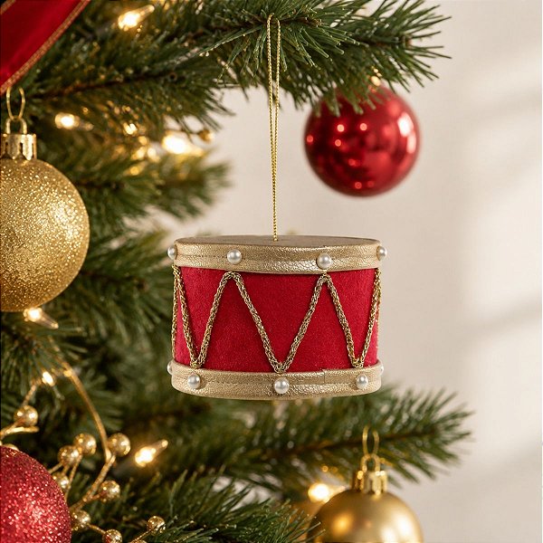 Enfeite de Natal para Pendurar - Tambor - Vermelho e Ouro - 11x7cm - 1 unidade - Cromus - Rizzo