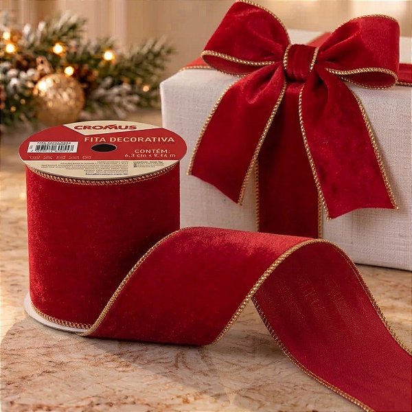 Fita Aramada Decorativa de Natal - Veludo Vermelho - 10cm x 4,57m - 1 unidade - Cromus - Rizzo