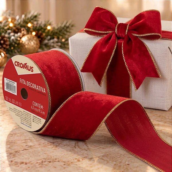 Fita Aramada Decorativa de Natal - Veludo Vermelho e Ouro - 6,3cm x 9,14m - 1 unidade - Cromus - Rizzo