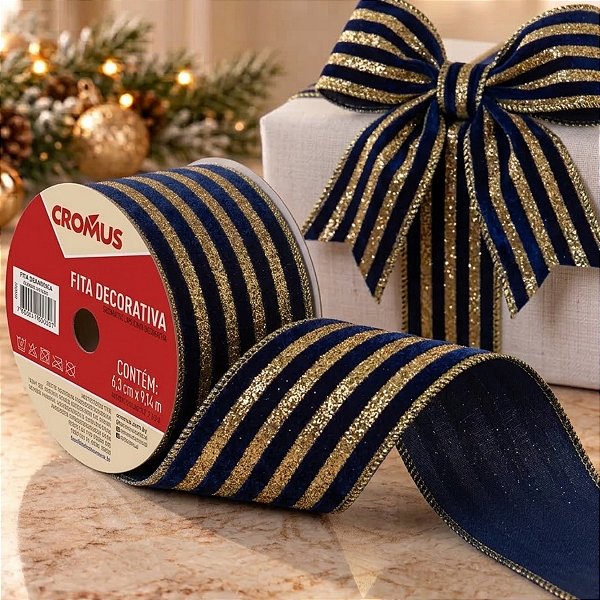 Fita Aramada Decorativa de Natal - Azul Escuro com Listras Douradas - 6,3cm x 9,14m - 1 unidade - Cromus - Rizzo