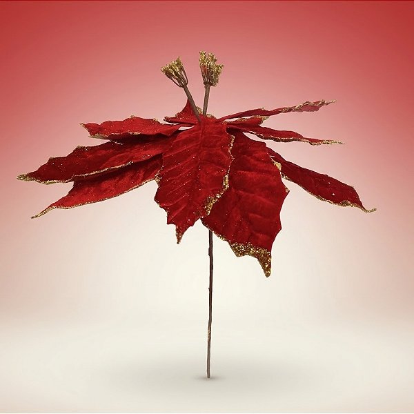 Poinsétia Decorativa - Veludo Vermelho com Glitter Dourado - 43x40x40cm - 1 unidade - Cromus - Rizzo