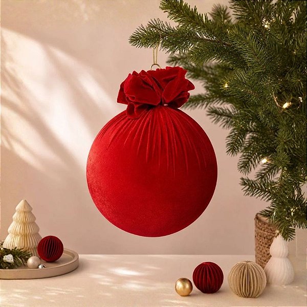 Bola de Natal Grande - Maxi Bola - Veludo Vermelho - 20cm  - 1 unidade - Rizzo
