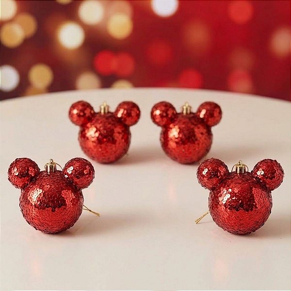 Bola de Natal - Mickey - Glitter Flocado Vermelho - 8cm - Disney Original - 4 unidades - Cromus - Rizzo