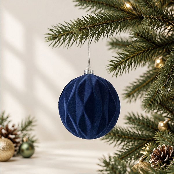 Bola de Natal - Ondulada e Flocada - Azul Marinho - 10cm - 4 unidades - Cromus - Rizzo