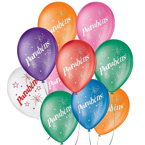 Balão de Festa Decorado Parabéns - Sortido 9" 23cm - 25 Unidades - Balões São Roque - Rizzo Balões