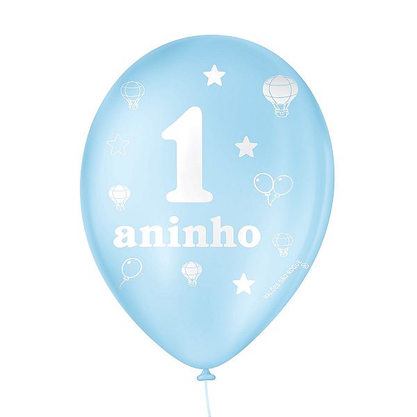 Balão de Festa Decorado 1 Aninho - Azul Baby e Branco Polar - Balões São Roque - Rizzo